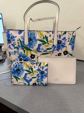 kate spade Blue Floral Tote with Matching Pouches